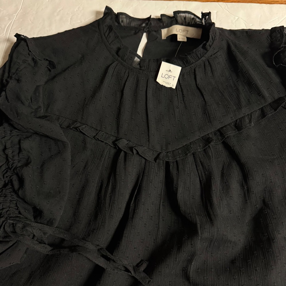 LOFT Black Clip Dot Ruffle Mock Neck Blouse Ruched Tie Sleeve Top Medium NWT